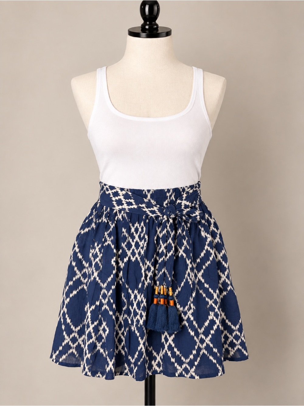 Anthropologie Navy and White Ikat Print Girls Skirt with Tassel Tie